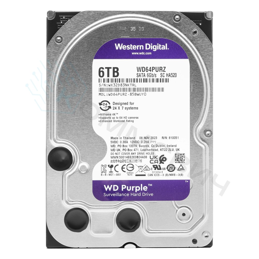 Диск HDD WD Purple SATA 3.5" 6 ТБ, WD64PURZ